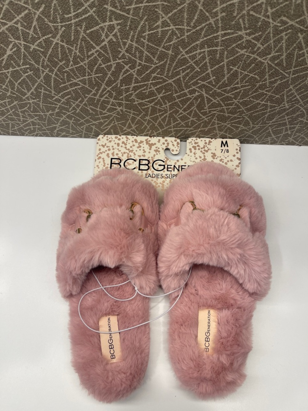 BCBGeneration Blush Pink Fuzzy Slide Slippers with Gold Accent